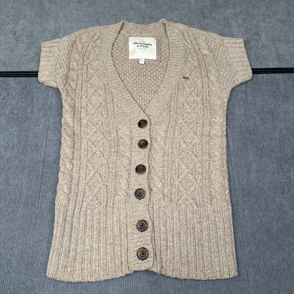 Abercrombie & Fitch Womens Short Sleeve Cable Knit Cardigan Taupe Beige Size M